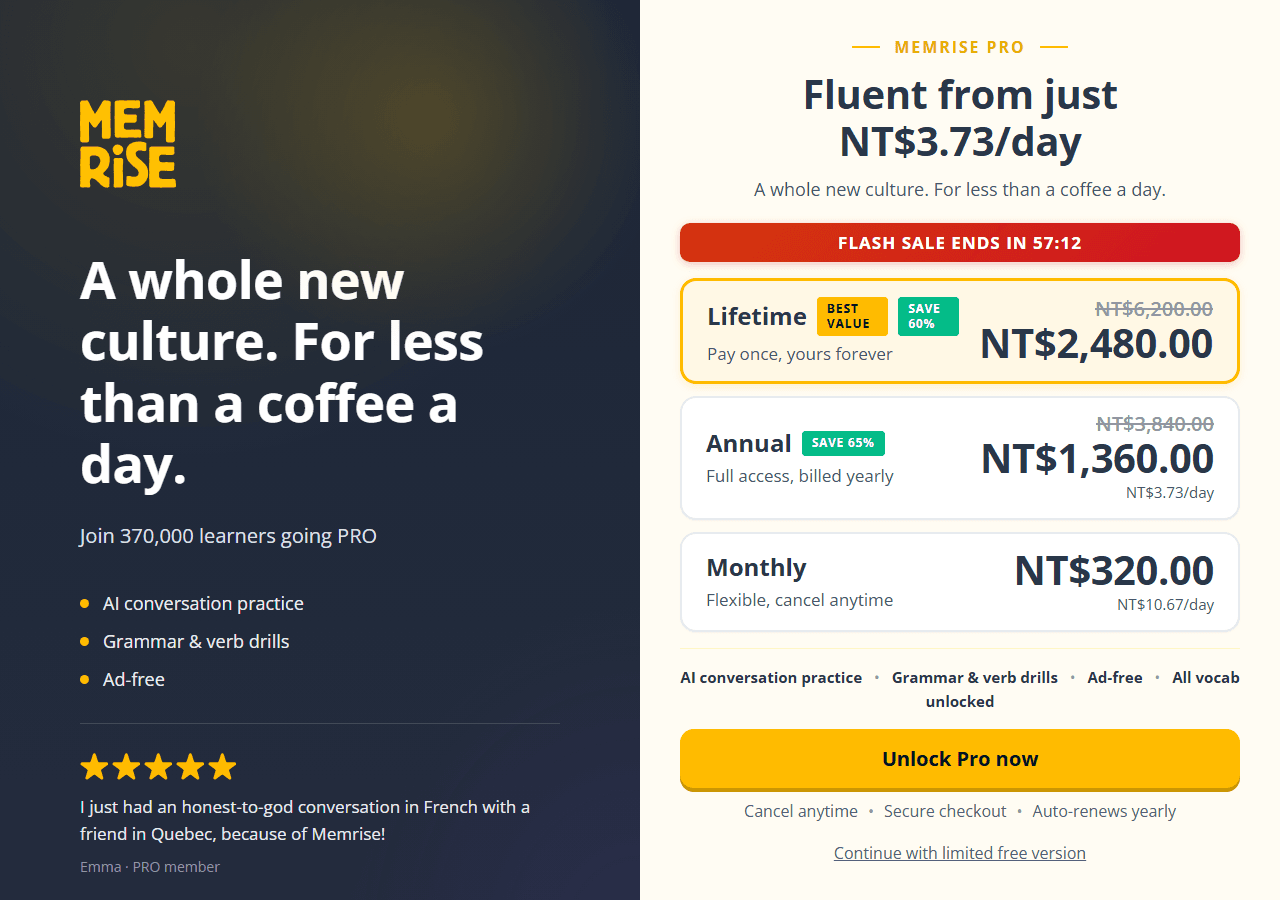 Memrise Pro pricing page with monthly, annual, and lifetime plans, used in a review of whether Memrise is worth it.