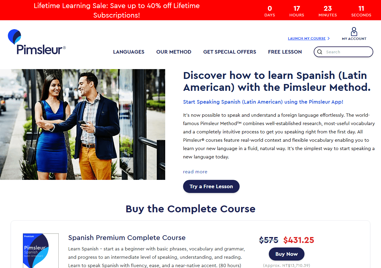 Pimsleur Spanish Latin American course page with Premium complete pricing, used in a review of whether Pimsleur is worth it.