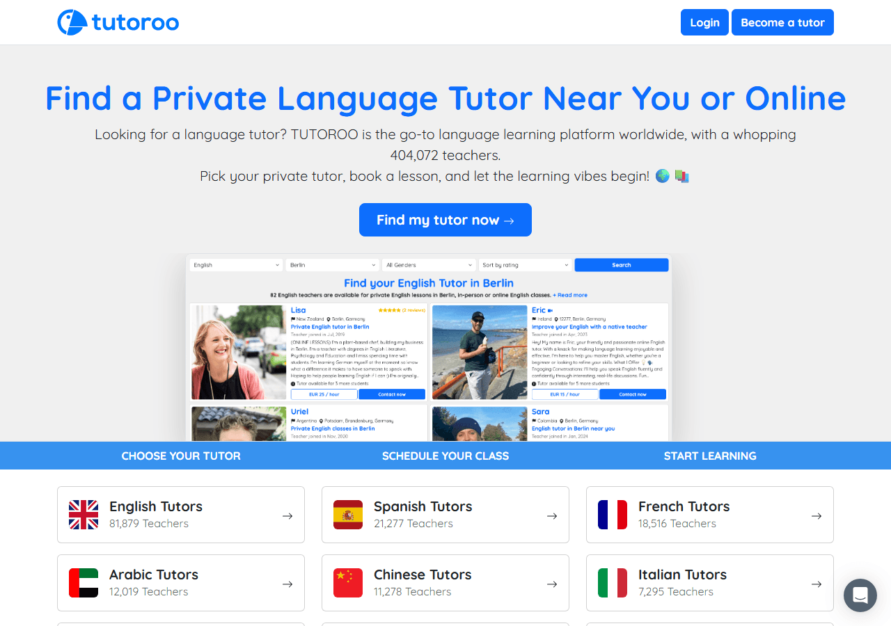 TUTOROO homepage for finding nearby language tutors, used in a how-to on working with an in-person tutor.