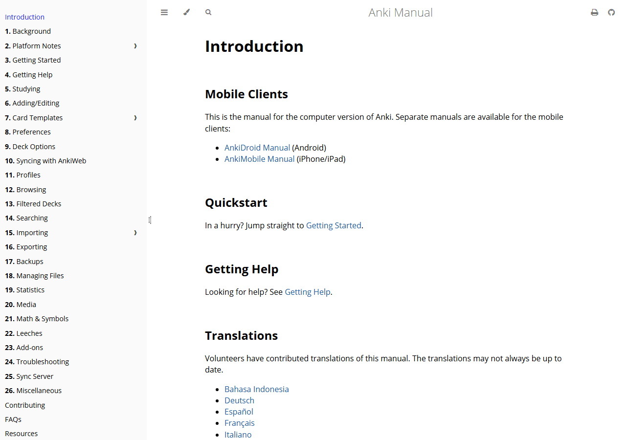 Official Anki documentation homepage, used in a two-week review of Anki for language learning.
