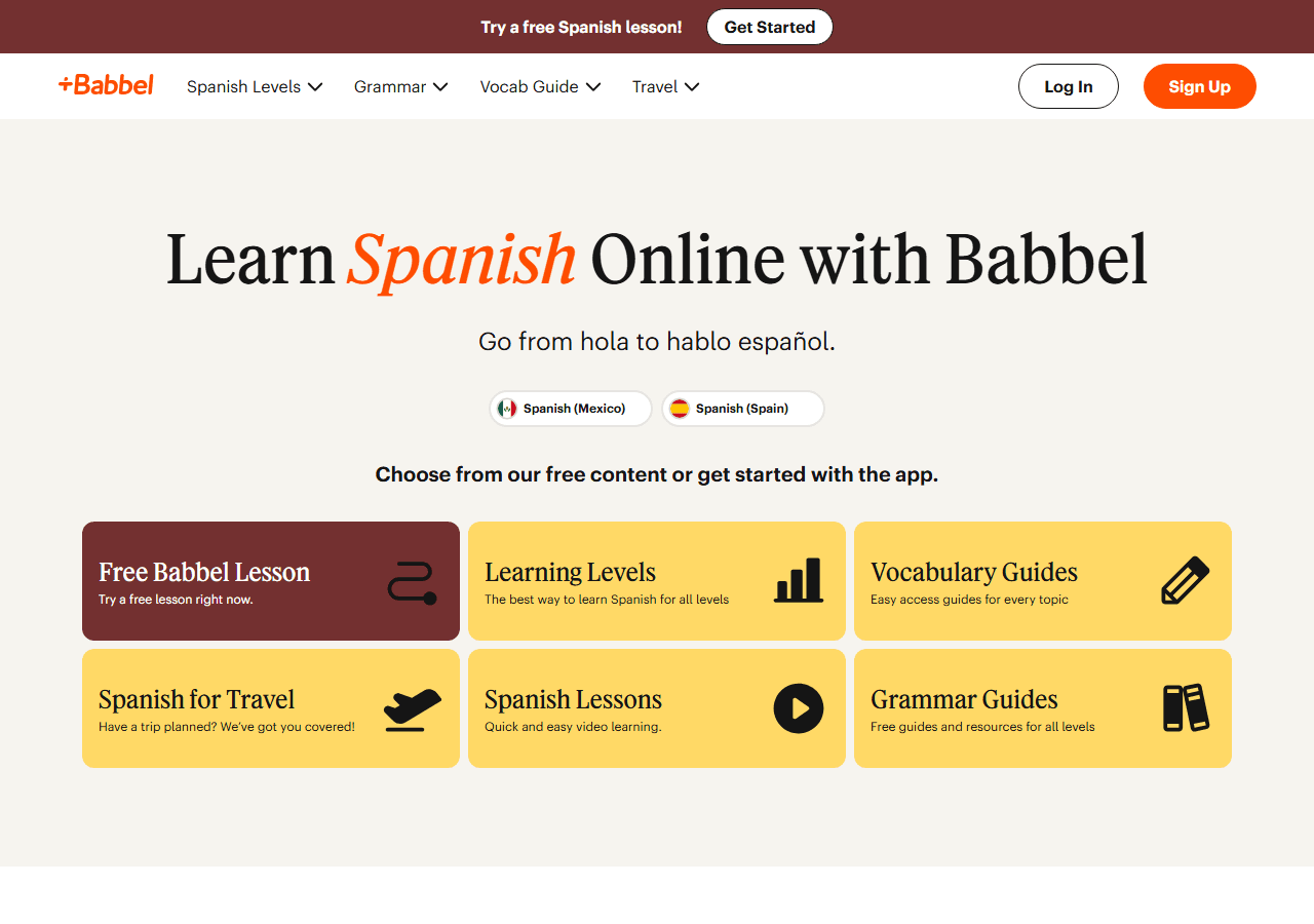Babbel Learn Spanish page showing course depth for Spanish, used in a review of Babbel language courses.