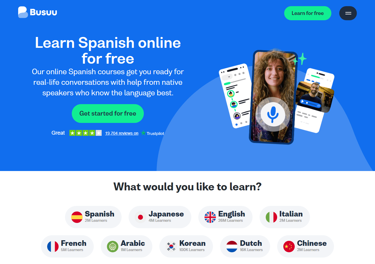 Busuu help page listing how many languages you can learn, used in a review of Busuu course depth by language.