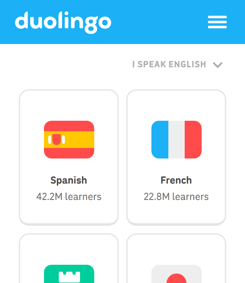 Duolingo course list on a phone with Spanish and French at the top, used in a review of Duolingo language courses.