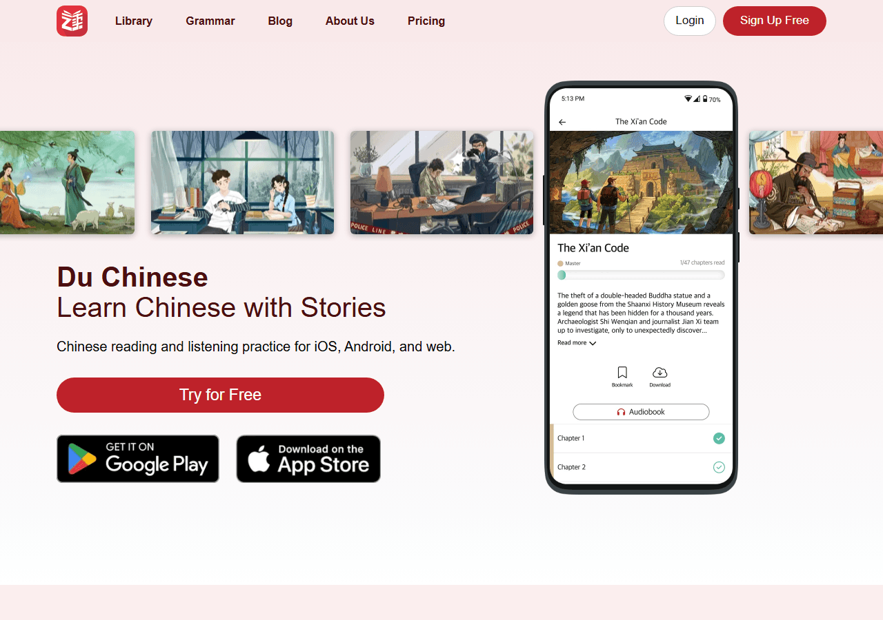 Du Chinese homepage for graded Chinese stories, used in a Simplified Chinese readers review.