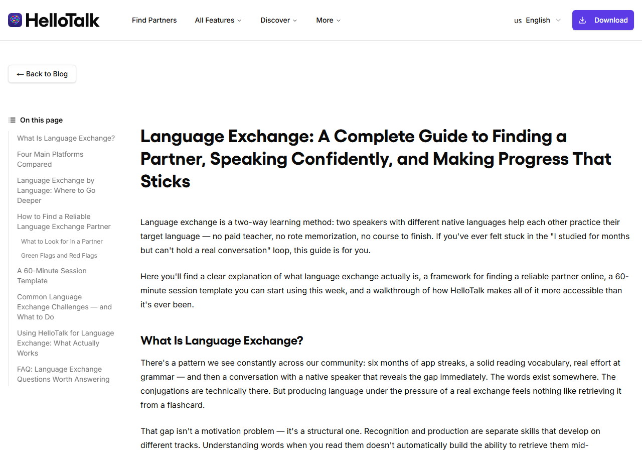 HelloTalk language-exchange explainer page, used in a two-week review of HelloTalk partner chats.