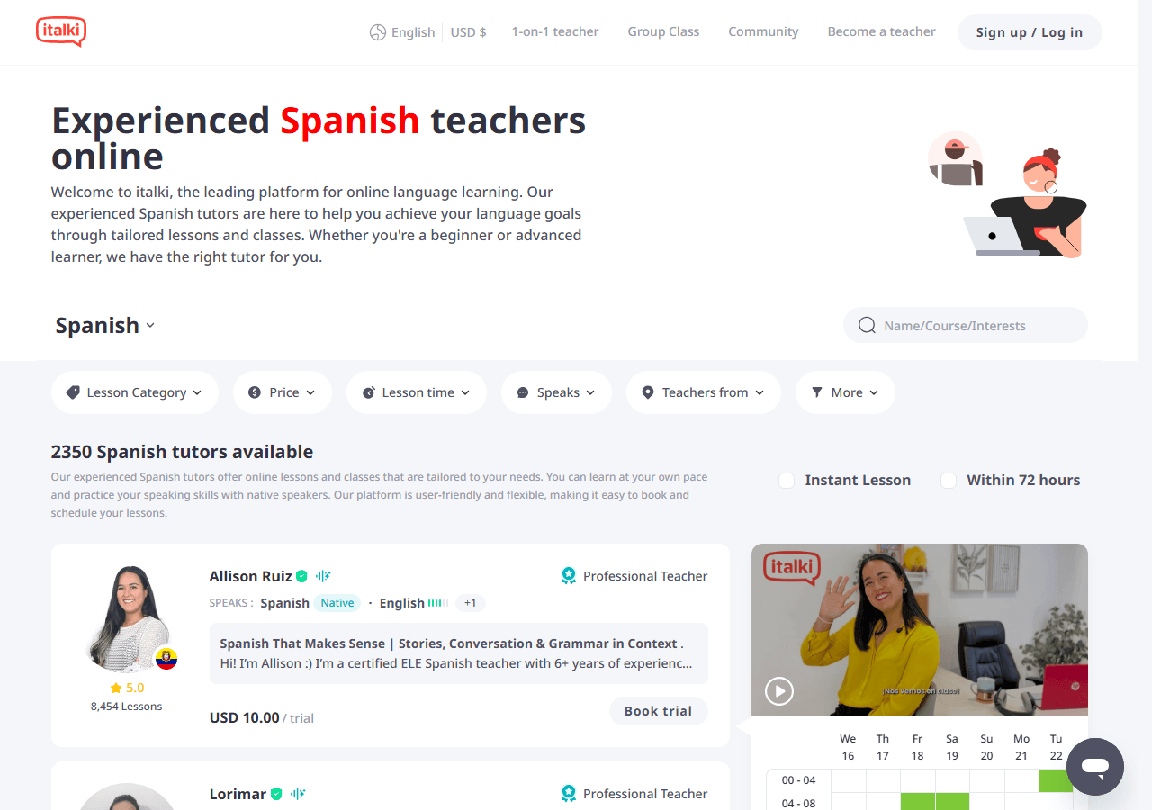 italki Spanish teacher search, used in a two-week review of italki Spanish lessons.