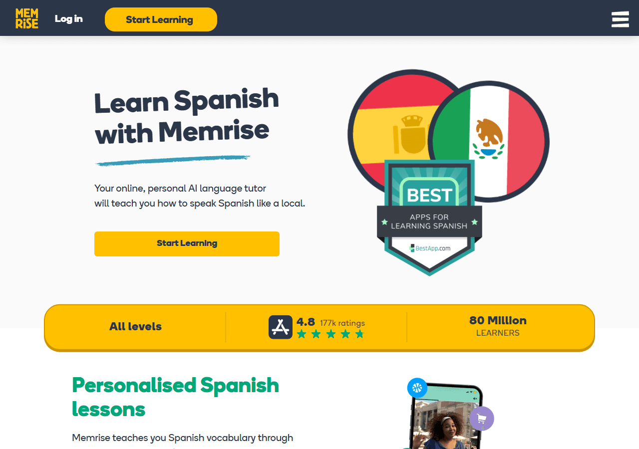 Memrise Learn Spanish page, used in a two-week review of Memrise Spanish video lessons.