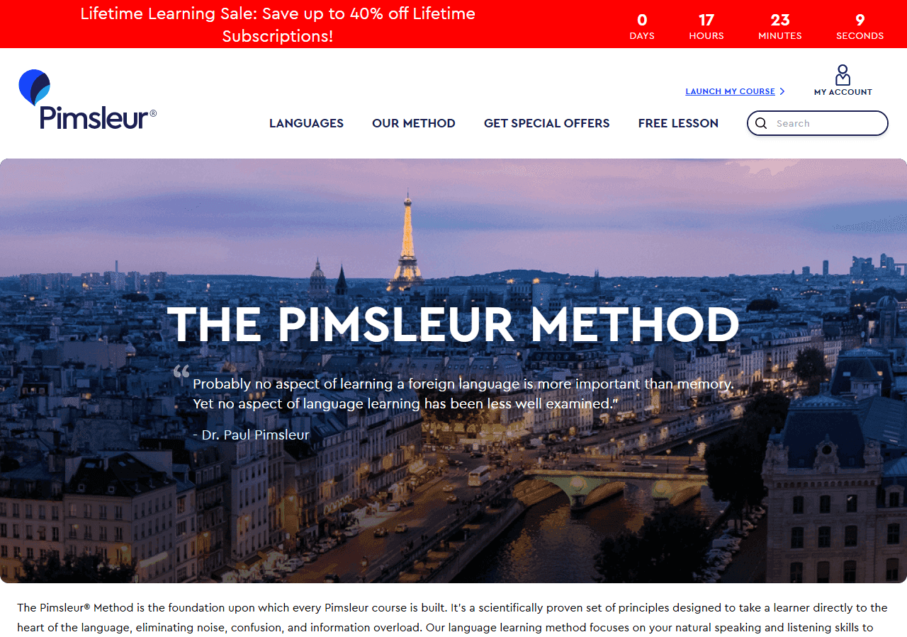 Pimsleur Method page explaining audio lessons and memory research, used in a review of how Pimsleur works.