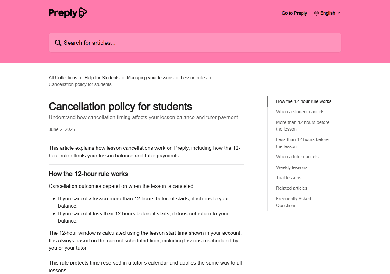 Preply student cancellation policy page, used in a how-to on online tutor cancel windows.