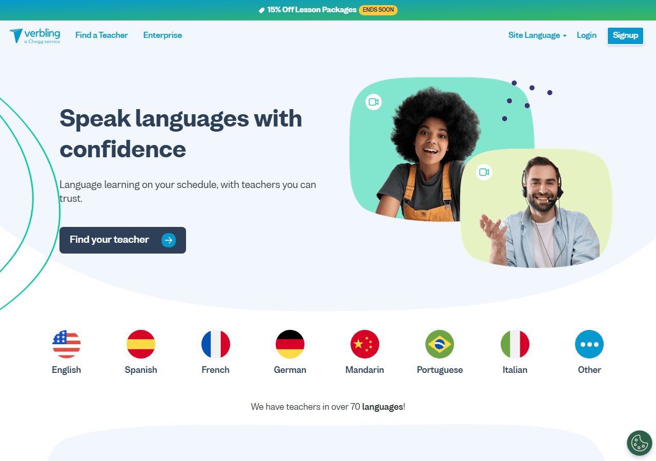 Verbling homepage for curated online language tutors, used in a review of tutor marketplaces.