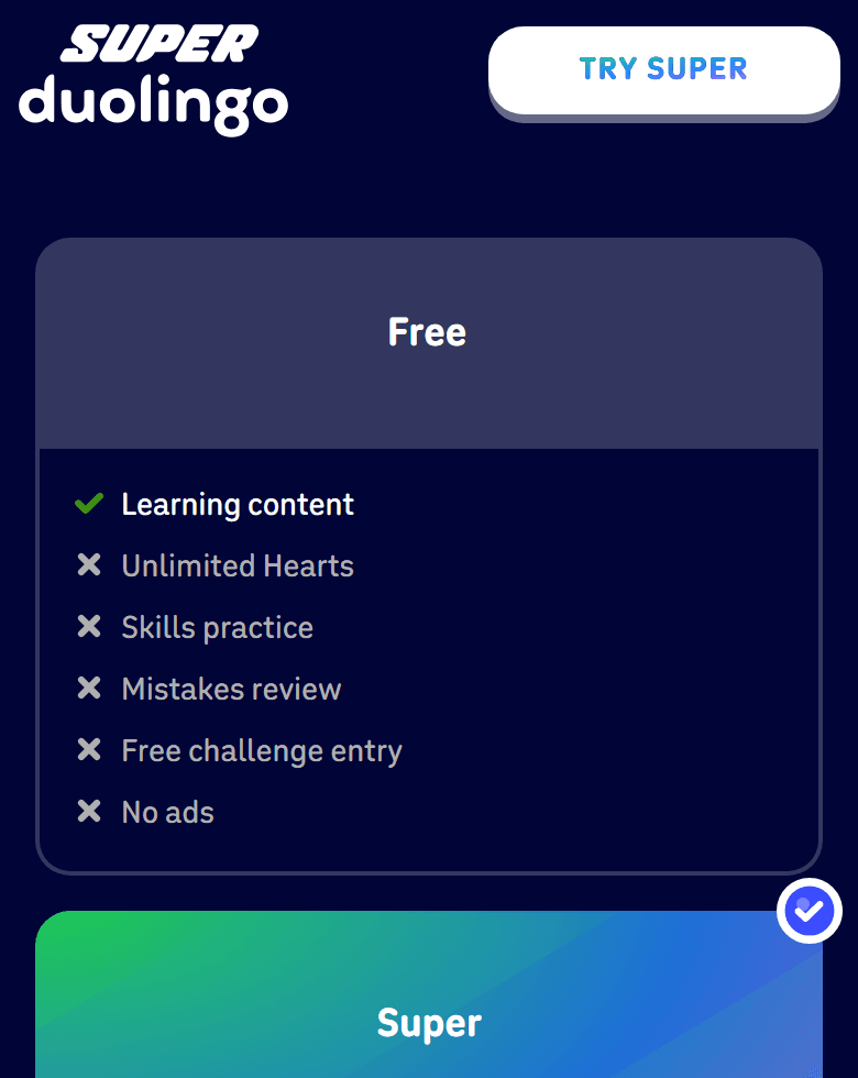 Duolingo Super comparison of Free versus Super features, used in a review of whether Super Duolingo is worth it.