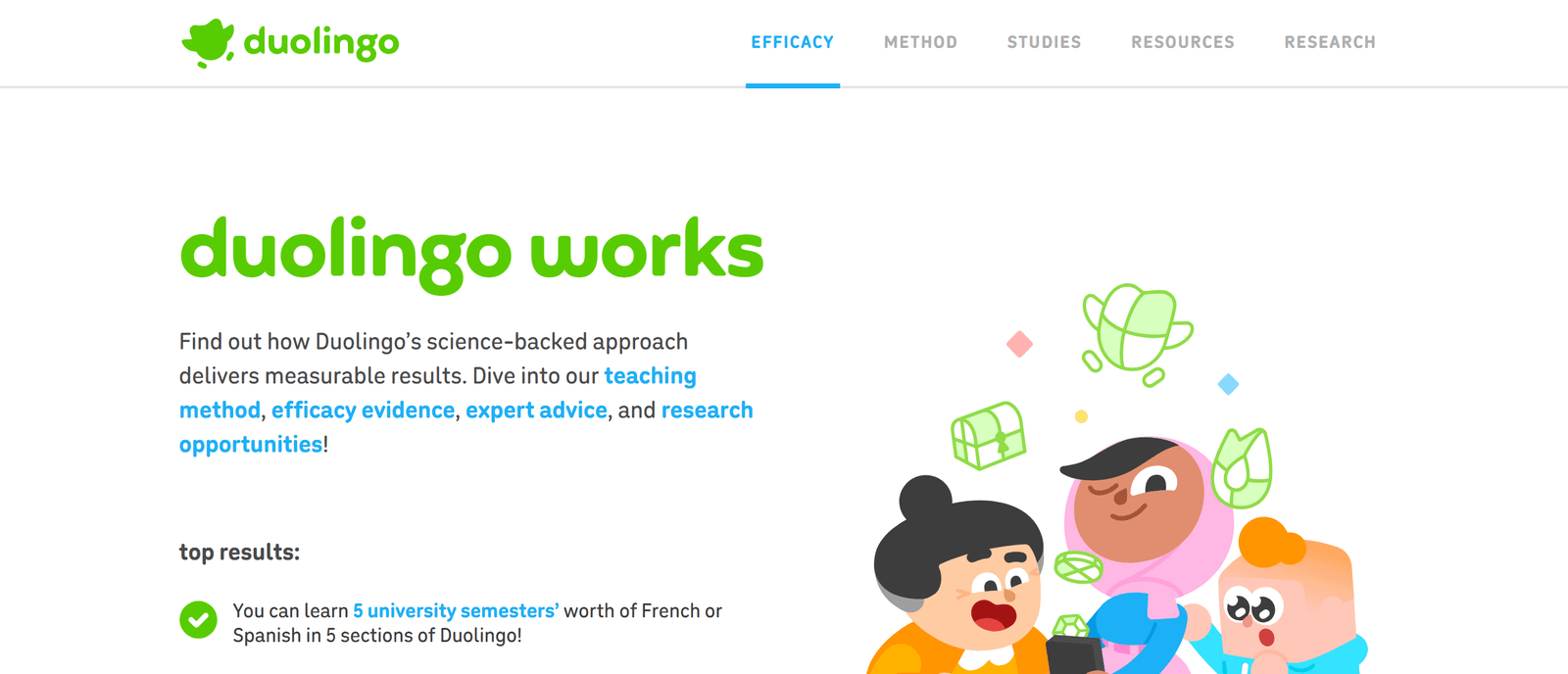 Duolingo research page claiming Duolingo works, used in a review of Duolingo as a language learning app.