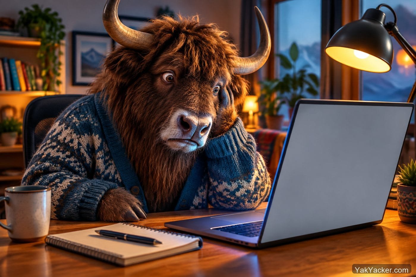A yak staring at a blank laptop window, used in a review of Anki's empty first-run deck list.