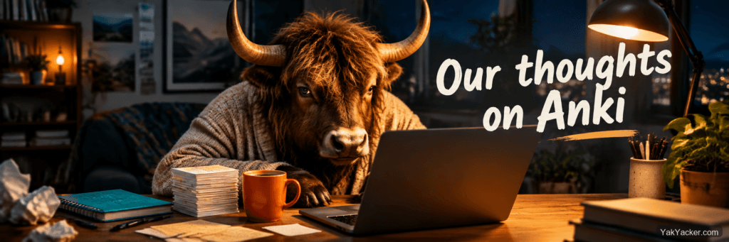 A yak looking at a blank laptop window at a kitchen table, used as the featured image for an Anki review.