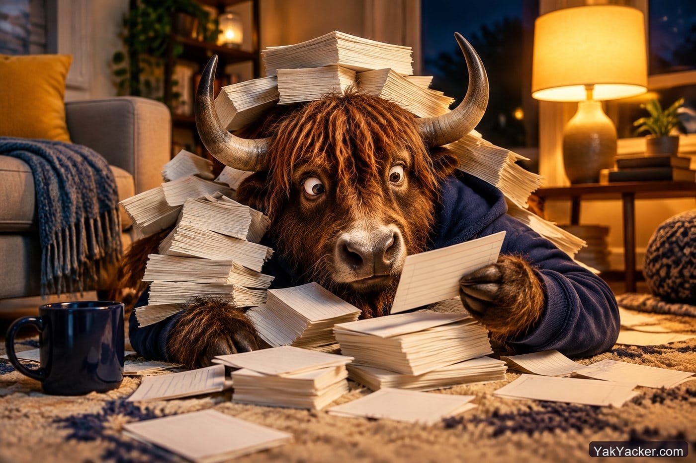 A yak on a leash of flashcards, used in a review of Anki's growing daily review pile.