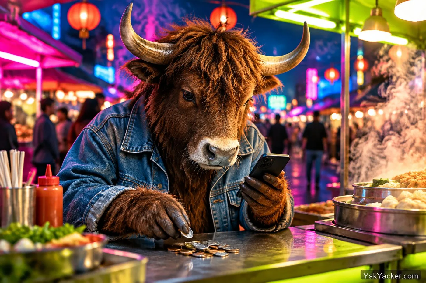 A yak counting coins at a night market while checking a phone, used in a budget guide to language learning apps.