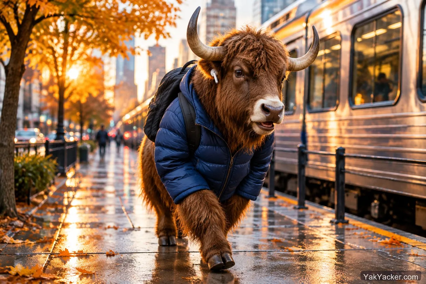 A yak on an autumn commute with one earbud in, used in a roundup of language learning apps for people who learn on the go.