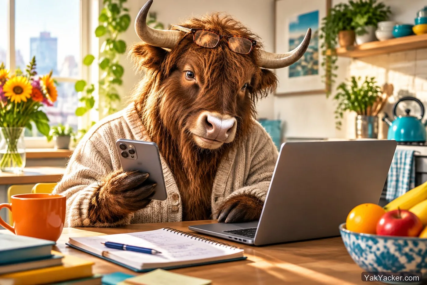 A yak at a kitchen desk with an iPhone and a Windows laptop, used in our honest critique of the best language learning apps.