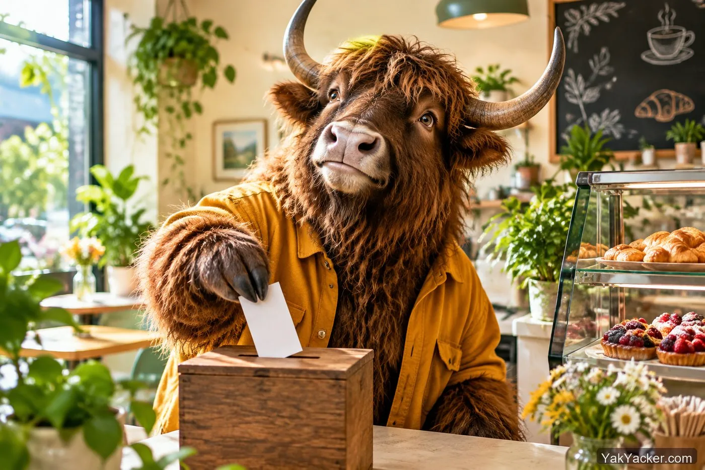 A yak dropping a note in a cafe suggestion box, inviting comments on which language learning apps to review next.