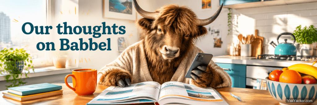 A yak studying a language workbook at a kitchen table, used as the featured image for a Babbel review.