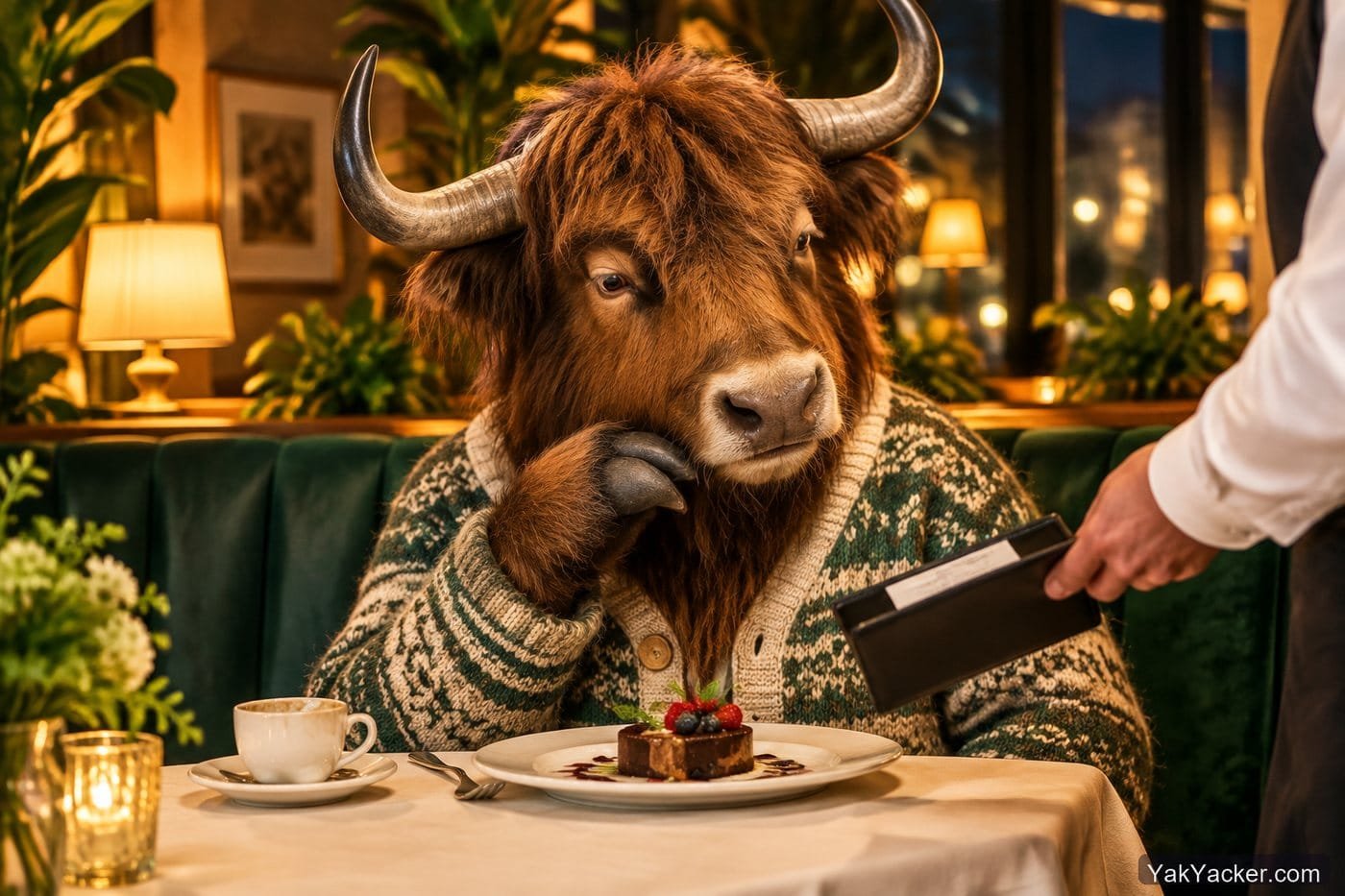 A yak looking at the bill after one free bite at a restaurant, used in a review of Babbel's tiny free tier and paid plans.
