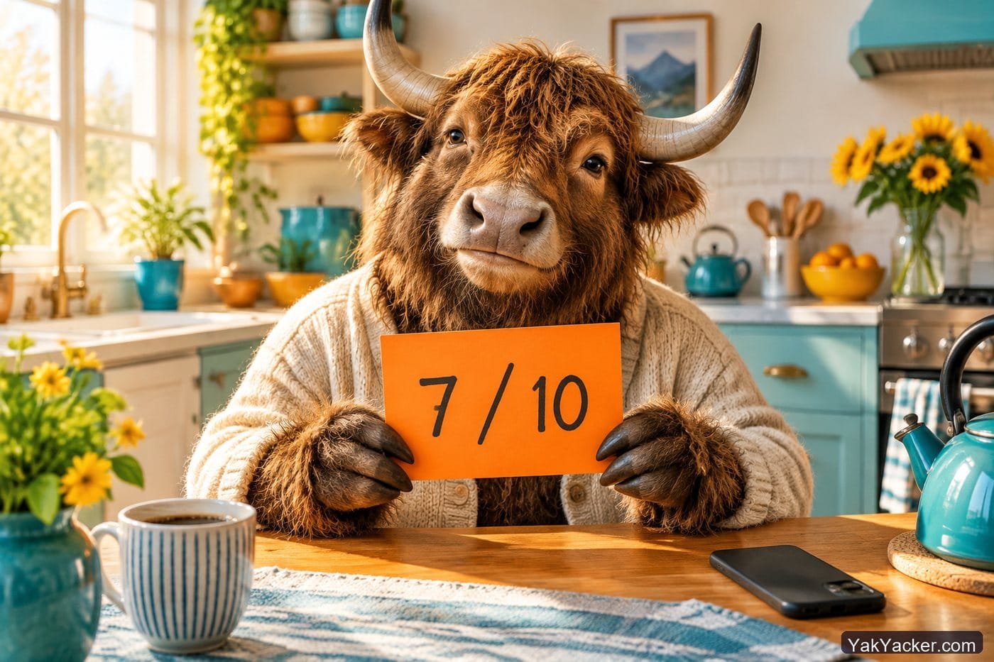 A yak holding a 7 out of 10 scorecard after a Babbel review, used in an in-depth analysis of whether Babbel works.