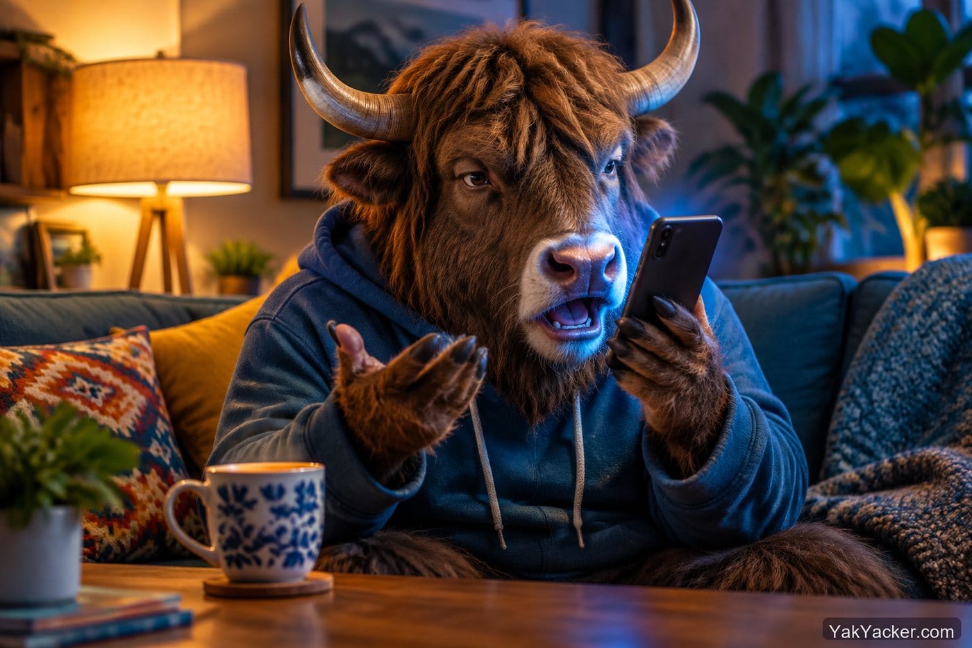 A yak arguing with a phone after Babbel speech recognition rejects a fine Spanish line, from our two-week review of the language learning app.