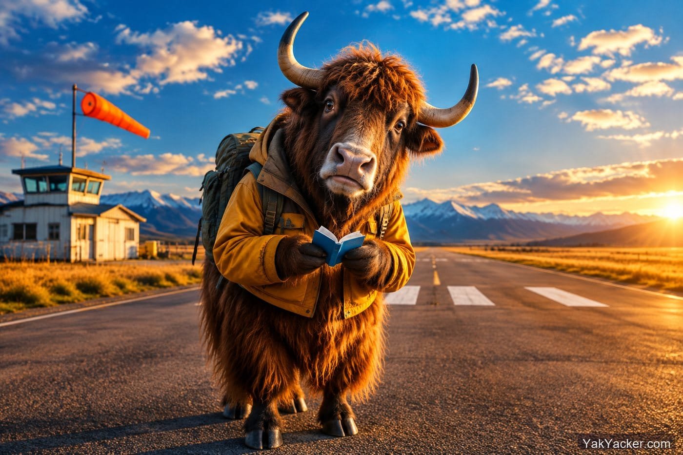 A yak at the end of a short airport runway with a tiny phrasebook, used in a Babbel review of thin language courses.