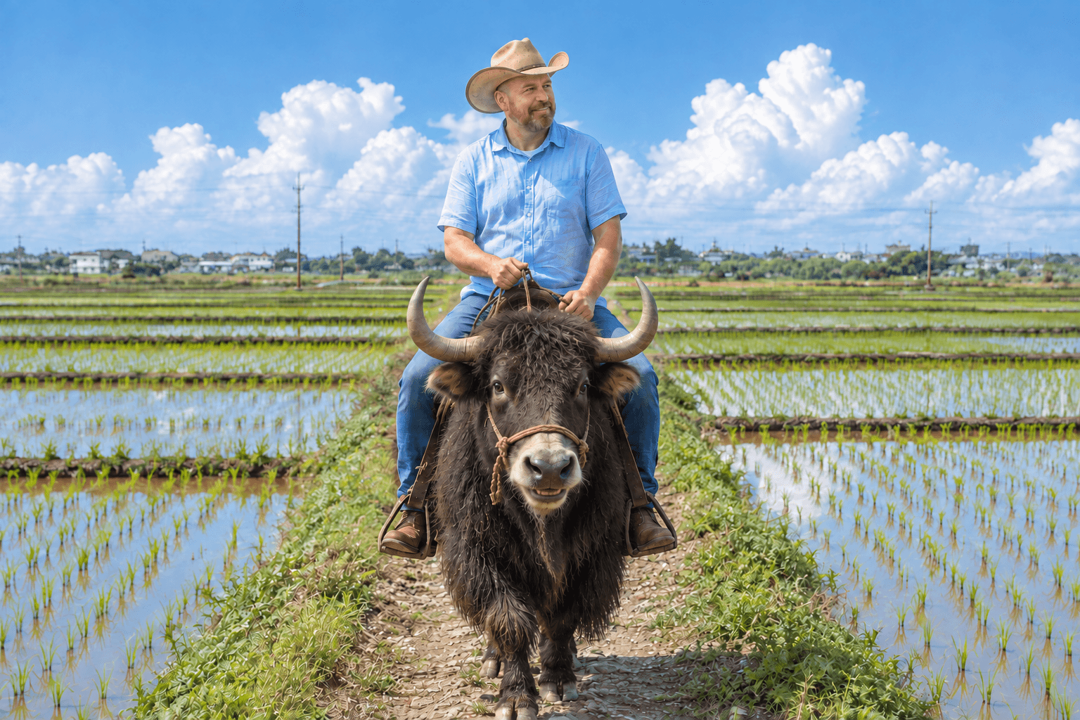 Benjamin Mays riding a yak along a Taiwan rice-paddy path