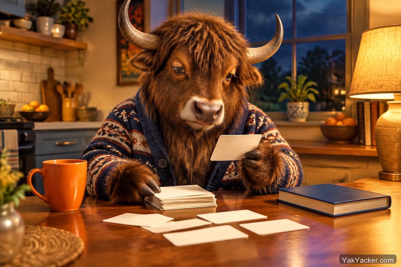 A yak reviewing generic flashcards beside a closed book, used in a books-and-resources roundup.