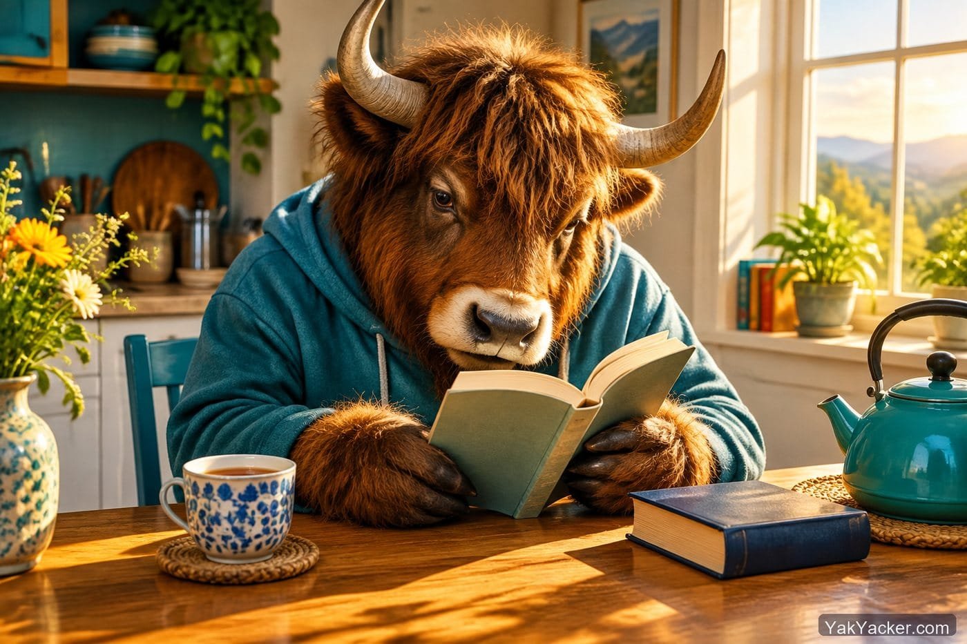 A yak absorbed in a slim paperback, used in a roundup of graded readers and easy books.