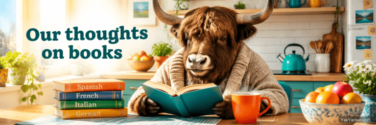 A yak at a kitchen table with a stack of language books, used as the featured image for a books-and-resources roundup.