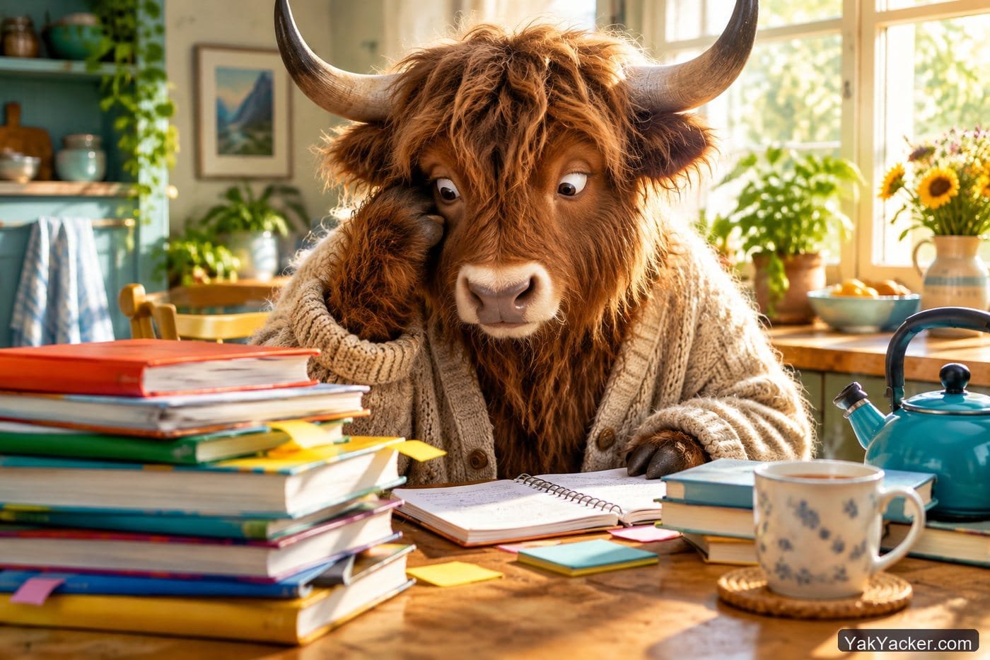 A yak looking at a stack of language books on a kitchen table, used in a books-and-resources roundup.