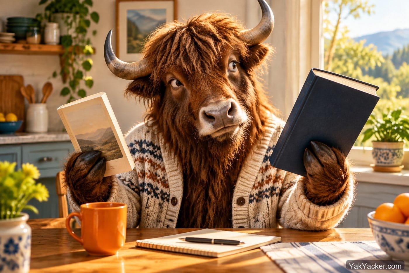 A yak comparing a thin method book and a thick coursebook, used in a language-learning books roundup.
