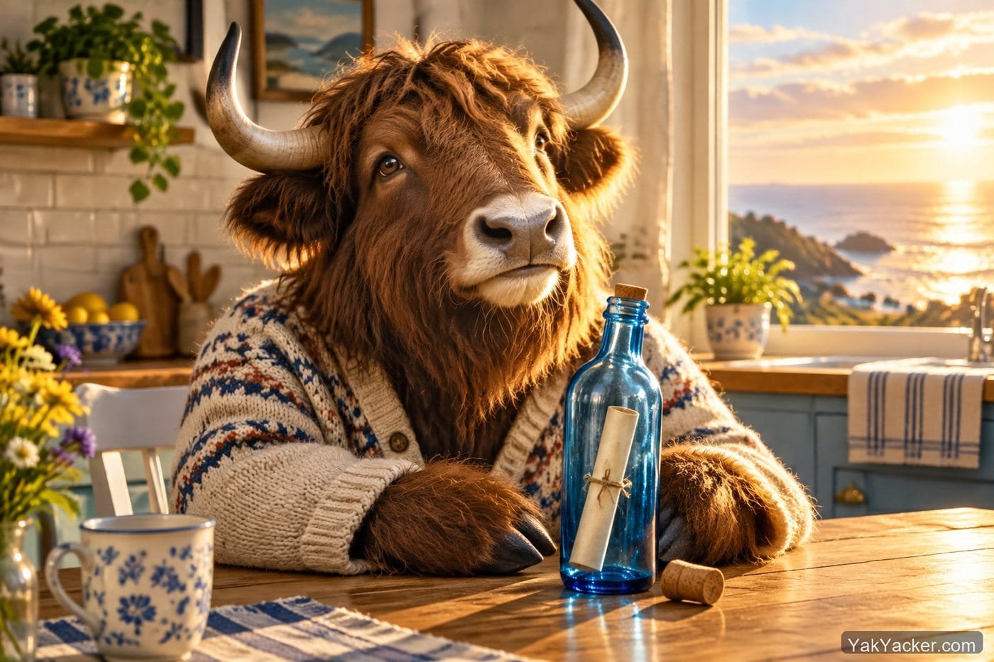 A yak waiting for a note in a bottle, used in a review of Busuu community corrections from native speakers.