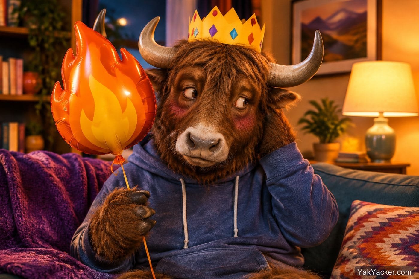 A yak holding a paper crown and a flame-shaped balloon, used in a review of Busuu streaks, leagues, and gamification.