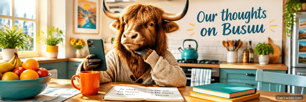 A yak studying on a phone at a kitchen table, used as the featured image for a Busuu review.