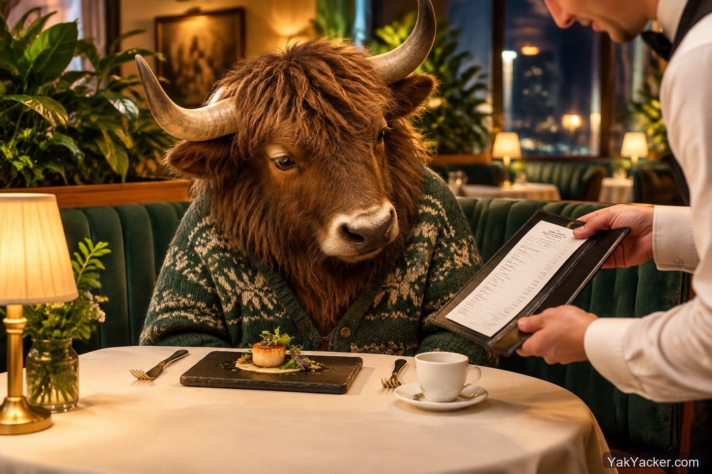 A yak looking at a tasting-menu bill, used in a review of Busuu's free tier and Premium paywall.