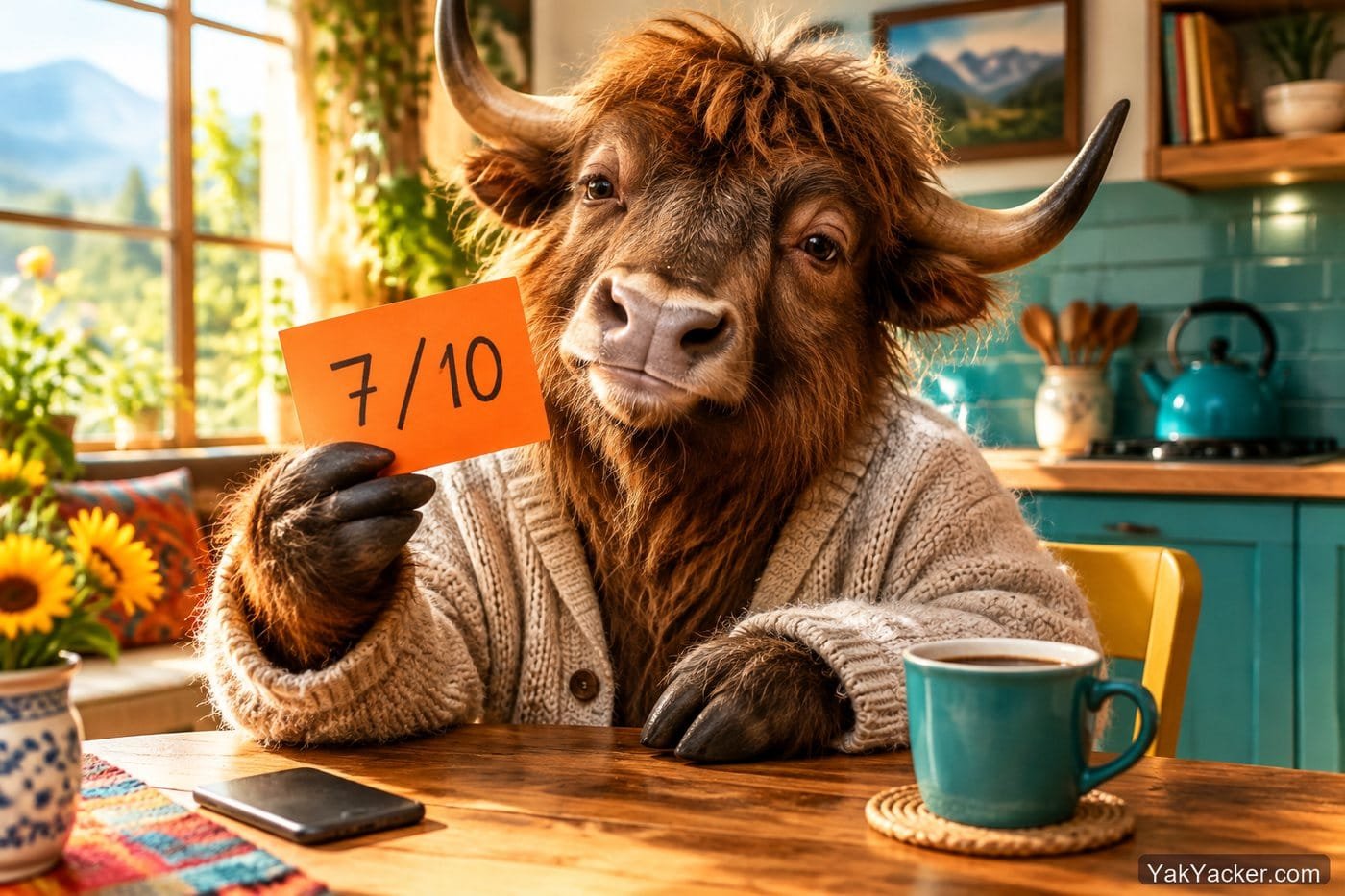 A yak holding a 7 out of 10 scorecard after a Busuu review, used in an in-depth analysis of whether Busuu works.
