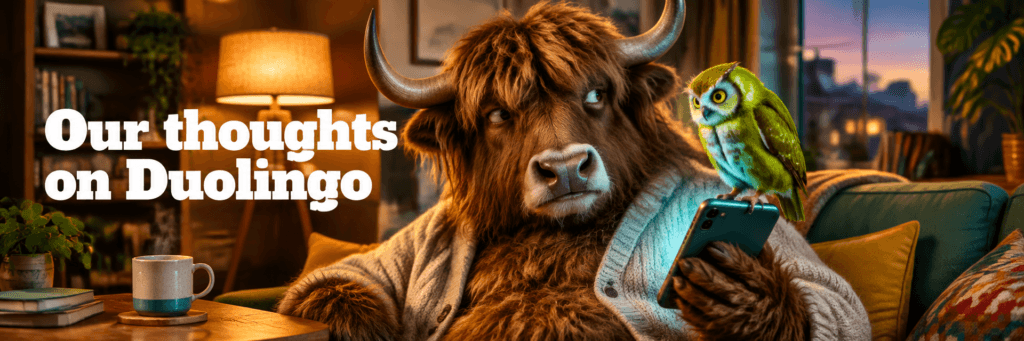 Photoreal yak on a sofa side-eyeing a green owl on a phone. Title: Our thoughts on Duolingo.