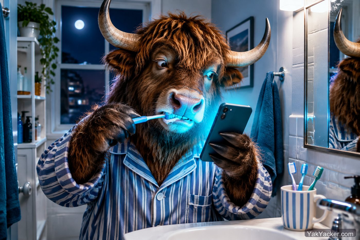 A yak brushing its teeth while doing a late-night Duolingo lesson to protect a streak, from our two-week review of the language learning app.