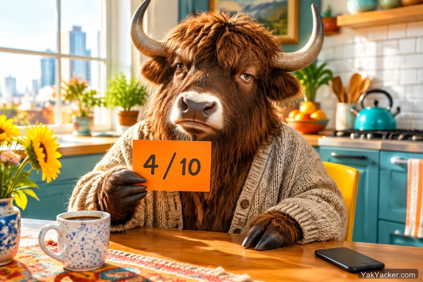 A yak holding a 4 out of 10 scorecard after a Duolingo review, used in an in-depth analysis of whether Duolingo works.
