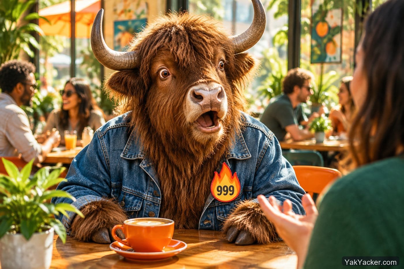 A yak in a cafe who cannot speak Spanish despite a huge Duolingo streak, used in a review of Duolingo speaking practice.