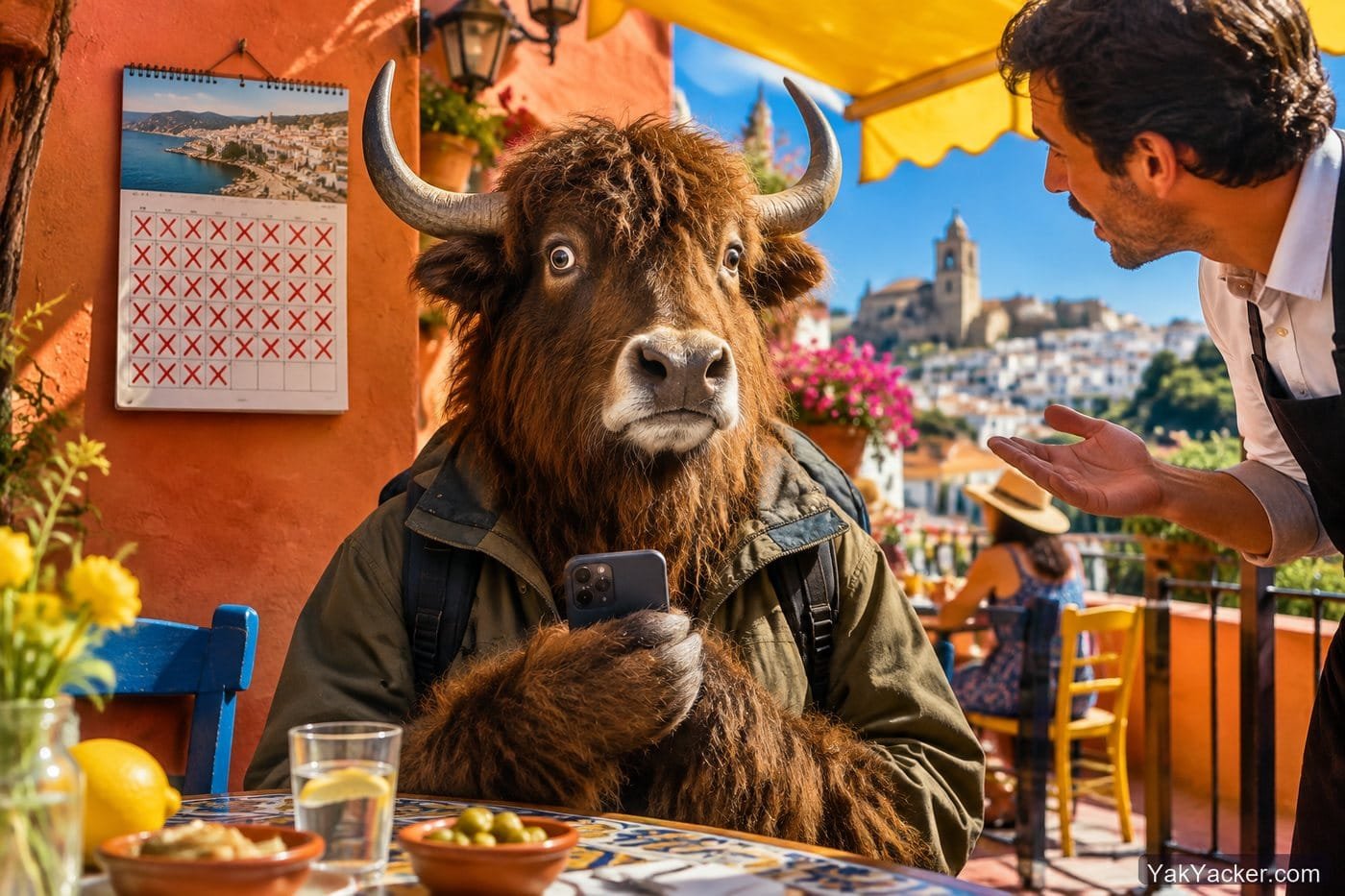 A yak with years of calendar X marks frozen when asked to speak Spanish, used in a Duolingo review about long streaks that do not become speaking.
