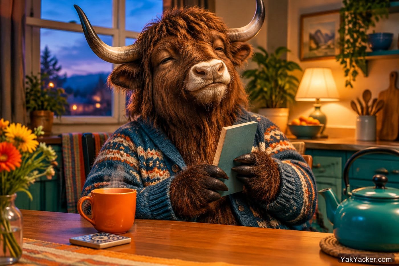 A yak closing a finished paperback, used in a review of Easy French Reader.