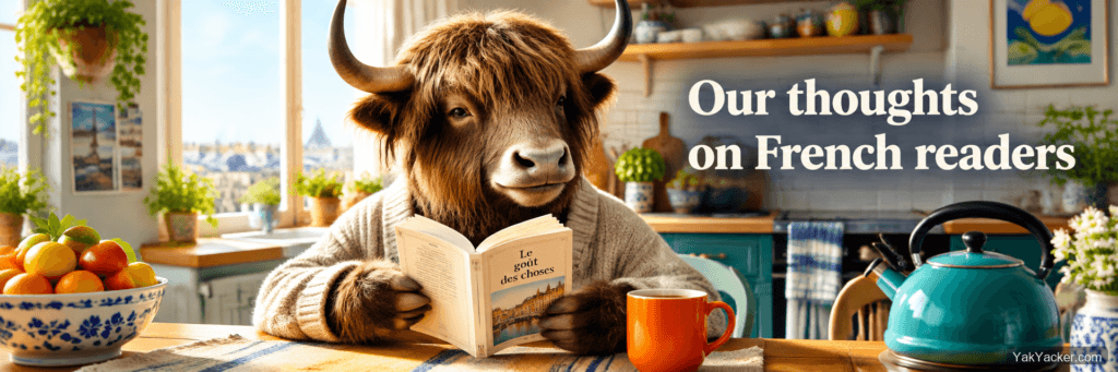 A yak finishing a French paperback at a kitchen table, used as the featured image for a French graded-readers roundup.