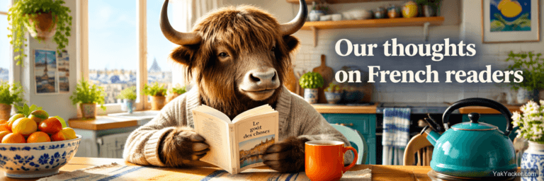 A yak finishing a French paperback at a kitchen table, used as the featured image for a French graded-readers roundup.