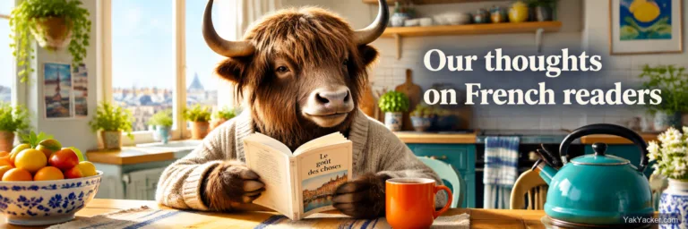 A yak finishing a French paperback at a kitchen table, used as the featured image for a French graded-readers roundup.