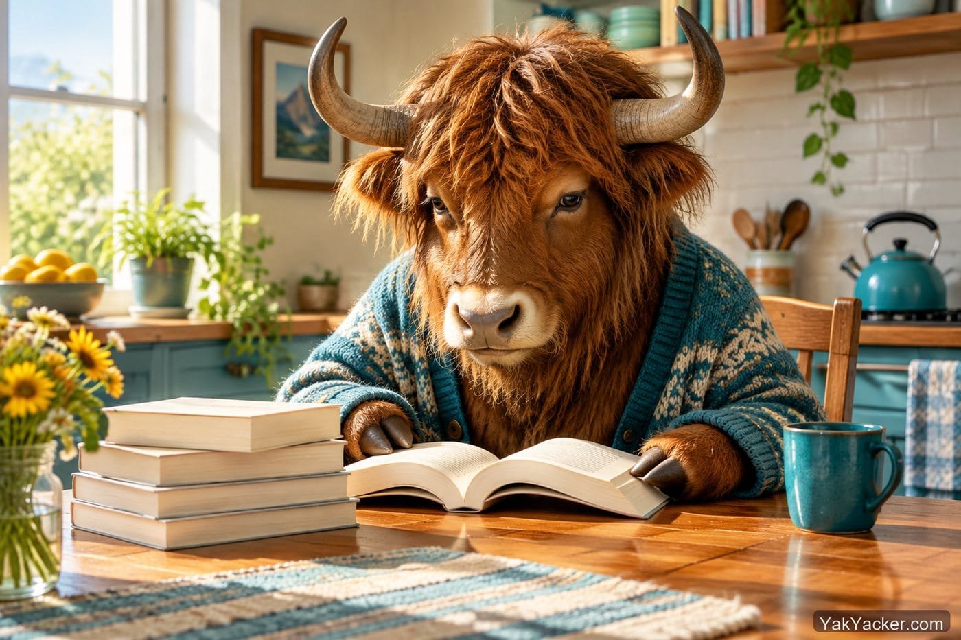 A yak with a pile of slim French paperbacks, used in a roundup of French graded readers.