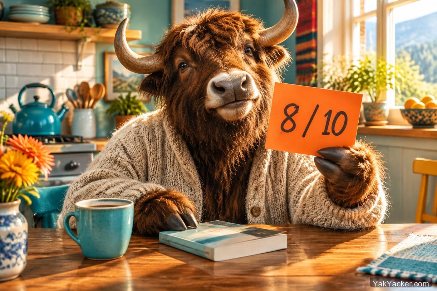 A yak holding an 8 out of 10 scorecard after two weeks with French graded readers.
